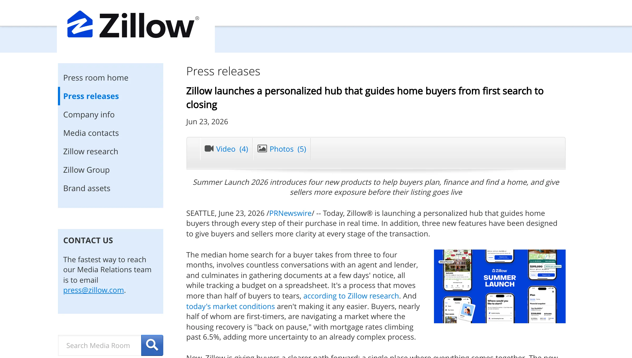 Zillow press release, June 23, 2026: Zillow launches a personalized hub that guides home buyers from first search to closing