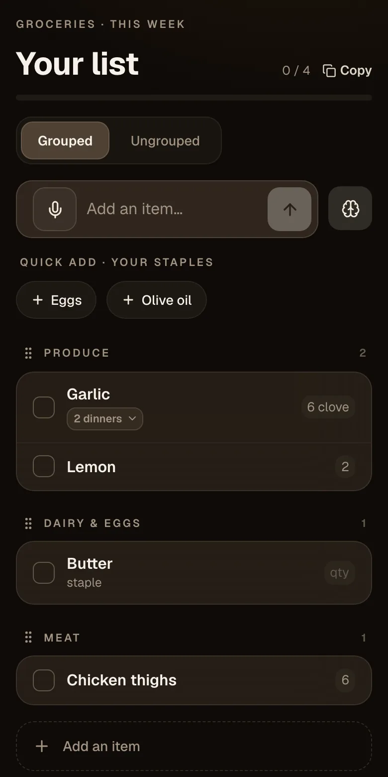 The grocery list, grouped by aisle