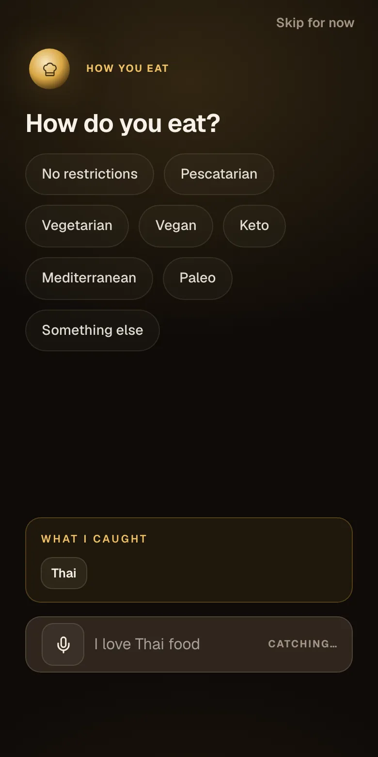 A diet question with tappable chips, a free-text field, and the planner catching a preference in typed text