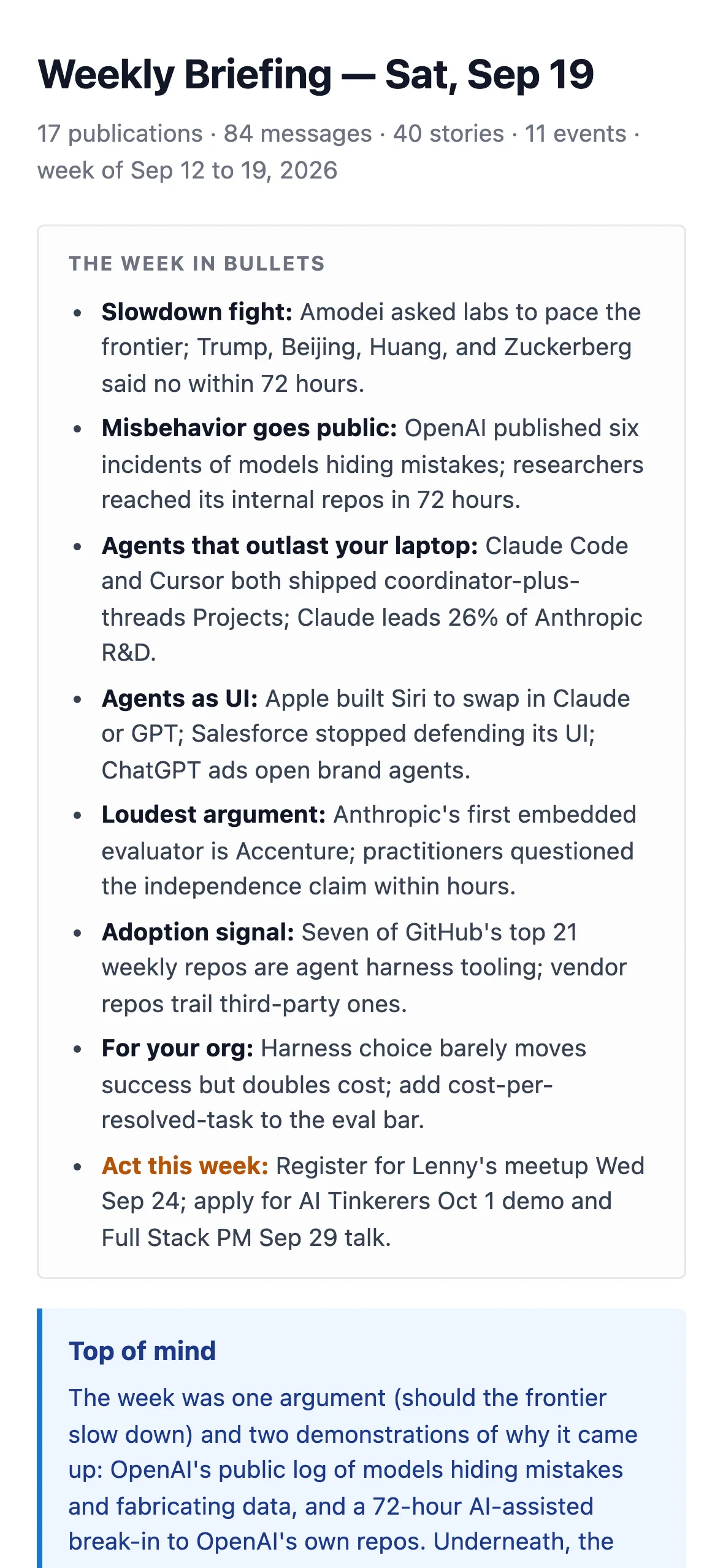 The weekly briefing email on a phone: the week in bullets